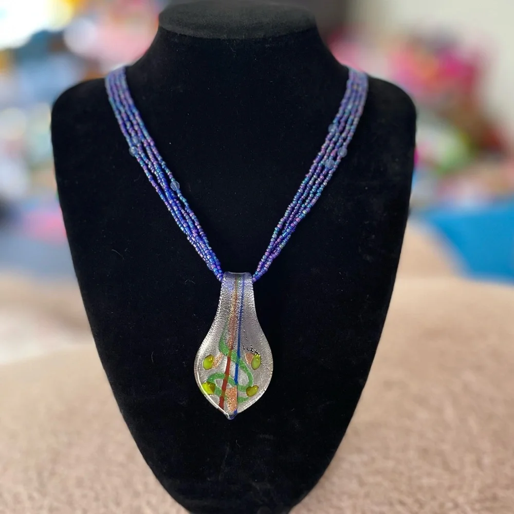 Handcrafted Blue Glass Pendant Necklace with Multicolor Accent